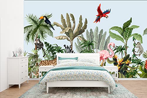 Selbstklebend Tapete Wandpapier Wandaufkleber Fototapete Tapeten Wanddeko 385x240 cm Dschungel - Flamingo - Affe - Jungen - Mädchen - Kinder von MuchoWow