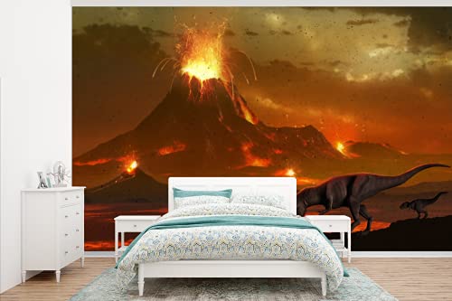 Selbstklebend Tapete Wandpapier Wandaufkleber Fototapete Tapeten Wanddeko 405x260 cm Dino - Vulkan - Lava - Illustration - Jungen - Kinder von MuchoWow