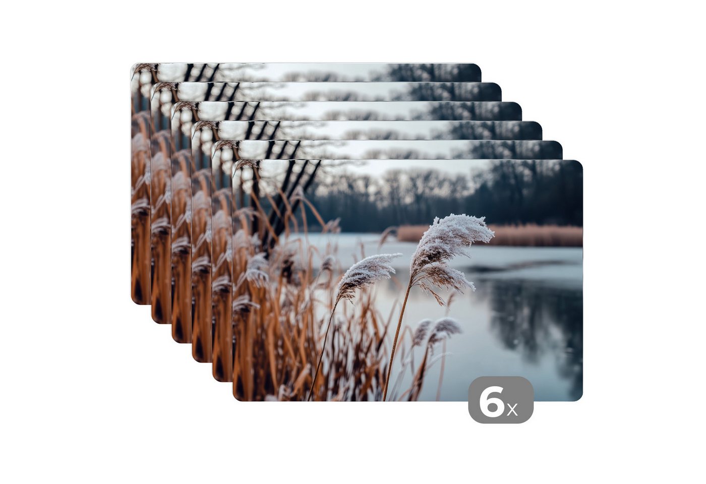 MuchoWow Platzset Schilf - Gras - Natur - Winter - See, (6-St), Platzsets, Tischset, Abwaschbar, Tischsets, Platzdeckchen von Muchowow