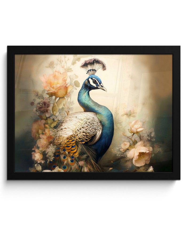 MuchoWow Poster Pfau - Pfauenfedern - Blumen - Botanisch, (1 St), Bilderrahmen, Deko für Wohnzimmer, 40x30 cm von Muchowow