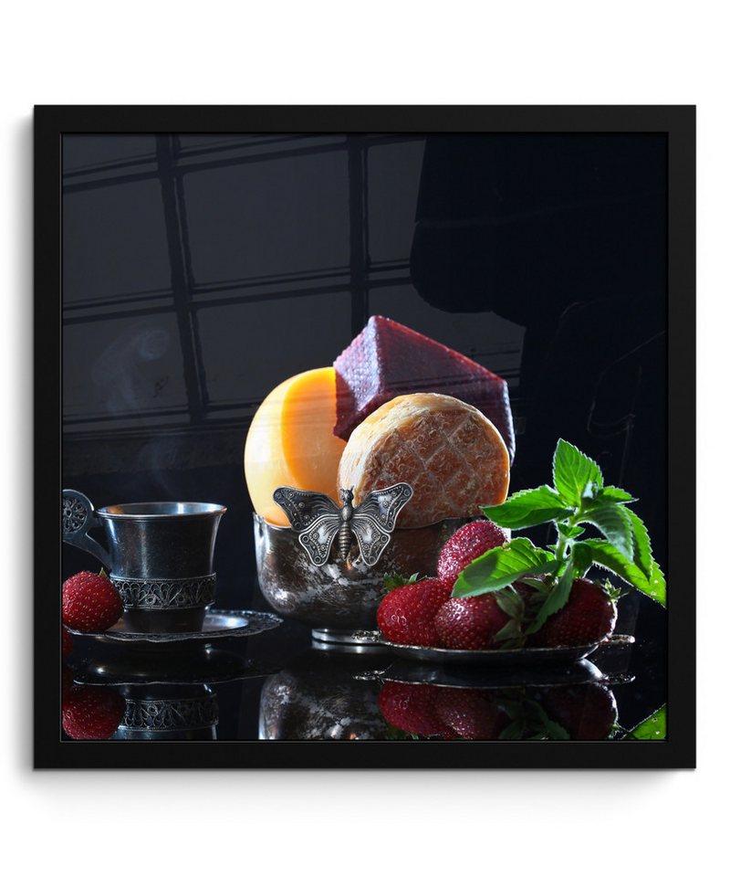 MuchoWow Poster Rustikal - Obst - Käse - Tisch - Stilleben, (1 St), Bilderrahmen, Wand Dekoration Schlafzimmer, 40x40 cm von Muchowow