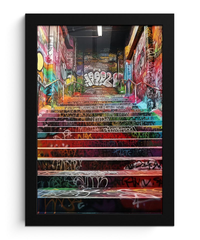 MuchoWow Poster Treppe - Graffiti - Farben - Kunst, (1 St), Bilderrahmen, Zimmer Deko, Bild für Wohnzimmer, 20x30 cm von Muchowow