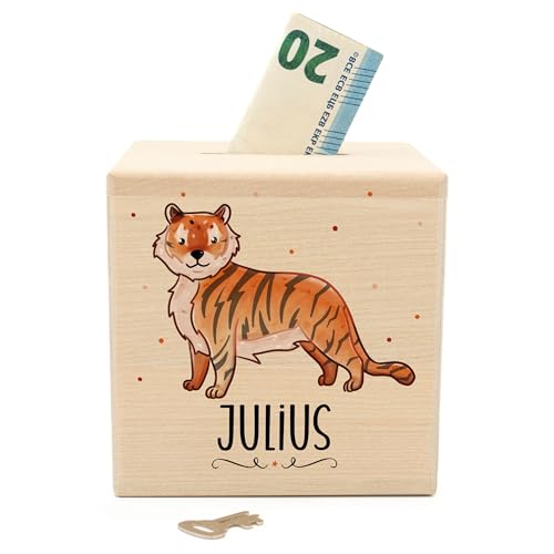 Muckelmeister Spardose Kinder Personalisiert mit Namen aus Holz - 10x10x10cm - Spardose mit Schloss und Schlüssel - Taufgeschenke für Mädchen und Jungen - originelle Geschenke zur Geburt - Tiger von Muckelmeister
