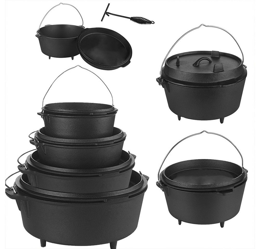 Mucola Feuertopf Dutch Oven Kochkessel Outdoorküche Schmortopf Grilltopf BBQ Gusseisen, Gusseisen (Stück, 3-tlg), Der Deckel kann als Bratpfanne genutzt werden von Mucola