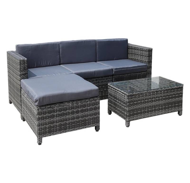 Mucola Gartenlounge-Set Sitzgarnitur Polyrattan Lounge Gartensofa Set Grau Rattanmöbel Liege, (Set, Tisch mit 3-Sitzer Sofa und Hocker), inkl. Auflagen von Mucola