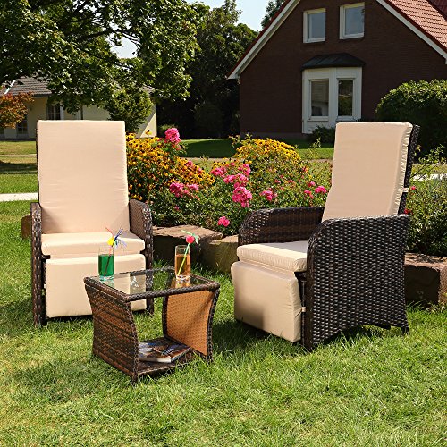 Mucola Gartenmöbel Set Polyrattan Sessel 2 Stück mit Beistelltisch | verstellbare Rücken & Fußlehne | Sitzgruppe variabel aufstellbar Balkonset Braun Essgruppe von Mucola