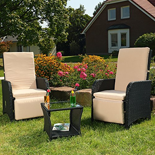 Mucola Gartenmöbel Set Polyrattan Sessel 2 Stück mit Beistelltisch | verstellbare Rücken & Fußlehne | Sitzgruppe variabel aufstellbar Balkonset Schwarz Essgruppe von Mucola