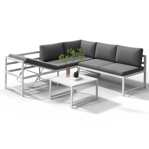 Mucola Gartenmöbel Set Weiß Aluminium Ecklounge 6-Fach verstellbare Rückenlehne Sitzgruppe variabel aufstellbare Elemente | wetterfest und rostfrei | extra Dicke Wasserabweisende Kissen von Mucola