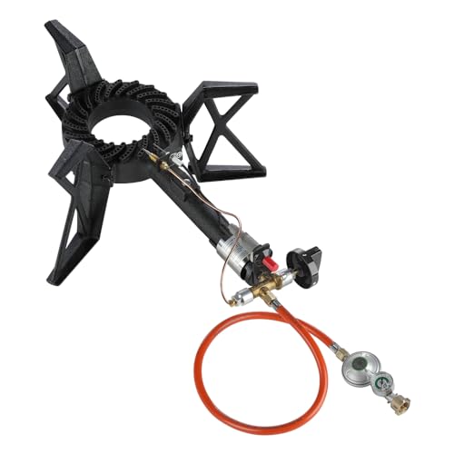 Mucola Gaskocher Camping Hockerkocher 3 Bein Piezozünder inkl. 80cm Propangas Schlauch Gasbrenner 6,5 KW Gasdruckregler Campingkocher Gusseisen Gasbrenner von Mucola