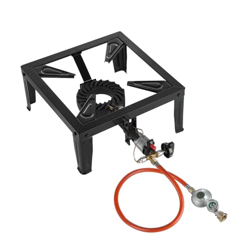 Mucola Gaskocher Camping Hockerkocher 4 Bein Piezozünder inkl. 80cm Propangas Schlauch Gasbrenner 6,5 KW Gasdruckregler Campingkocher Gusseisen Gasbrenner von Mucola