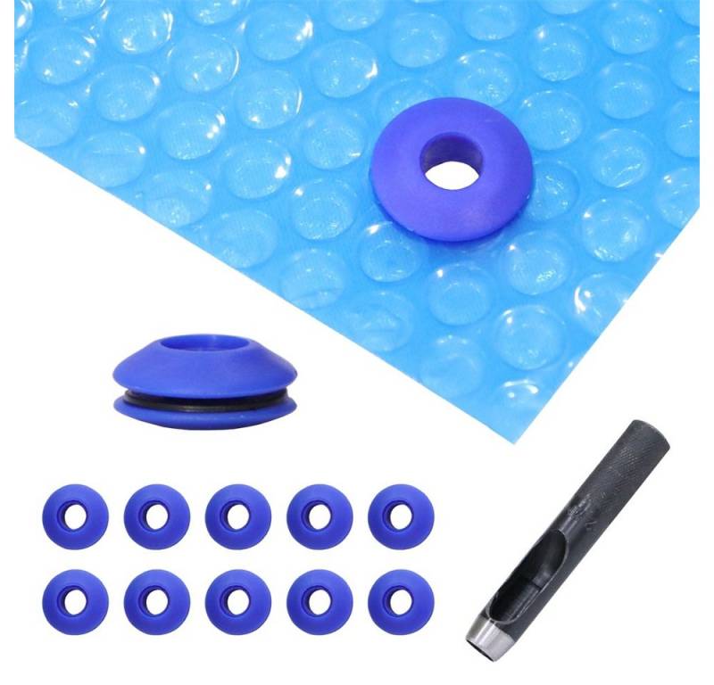 Mucola Pool-Abdeckplane Solarfolie Pool Solarplane Ösen Poolheizung Wärmeplane Poolabdeckung (Set mit Folie und Locheisen, 2-St., Set bestehend aus Solarfolie und 10 Kunststoff Ösen mit Locheisen), aus PVC von Mucola