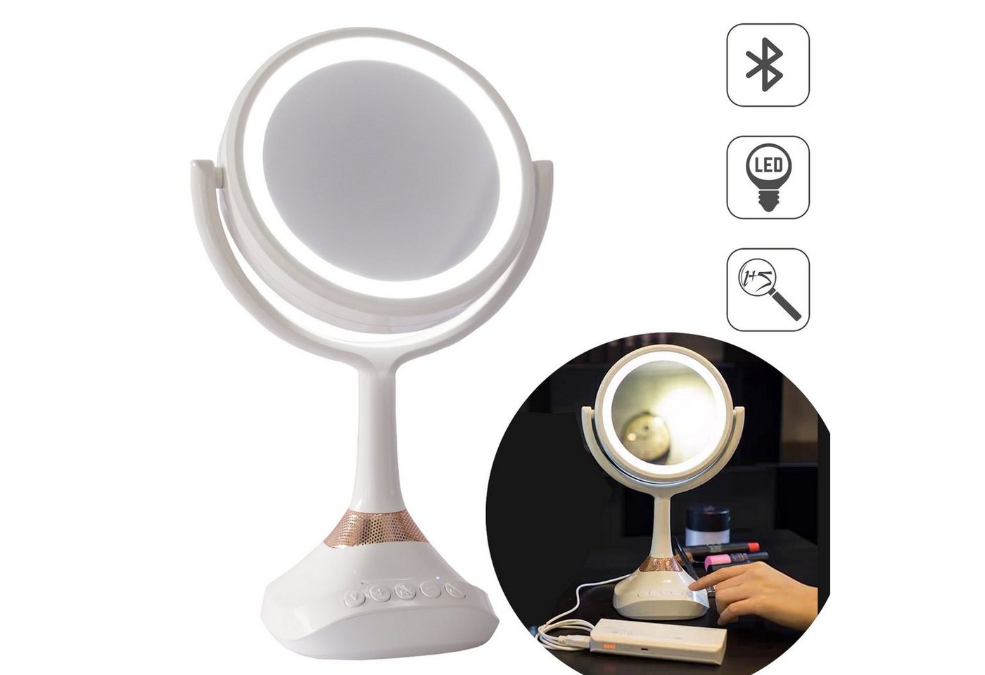 Mucola Schminkspiegel Kosmetikspiegel 1- und 5-fach Vergrößerung LED Beleuchtung Spiegel (Stück, 1-St., Premium-Spiegel), Bluetoothlautsprecher von Mucola