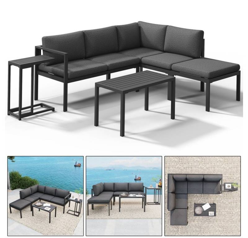 Mucola Sitzgruppe Ecksofa Aluminium Essgruppe wetterfest Ecklounge Beistelltisch Hocker, (UV-Beständigkeit, 5-tlg., Möbelset Anthrazit), Inkl. praktischen Beistelltisch, Hocker und wasserabweisenden Kissen von Mucola