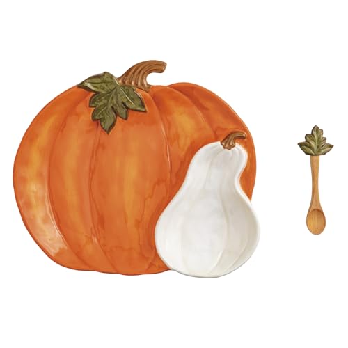 Mud Pie 41800184 Thanksgiving Pumpkin Set Chip & Dip Bowl, Steingut, Orange/Abendrot im Zickzackmuster (Sunset Chevron) von Mud Pie