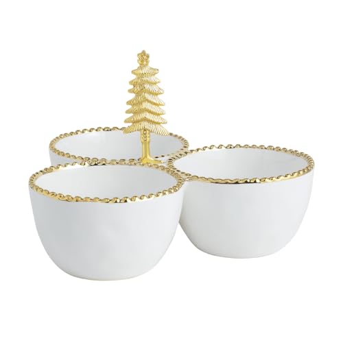 Mud Pie 41800194 Christmas Gold Edge Tree Triple Set Chip & Dip Bowl, Steingut, Weiss/opulenter Garten von Mud Pie