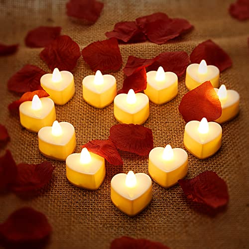 12 Stück Herz Form LED Teelicht Kerzen Liebe LED Kerzen mit 200 Stück Seide Rosenblätter Mädchen Künstliche Blütenblätter für Valentinstag Hochzeit (Gelbes Licht, Dunkelrotes Blütenblatt) von Mudder