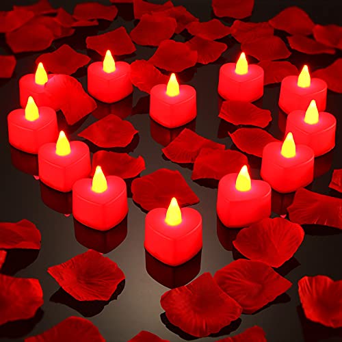 12 Stück Herz Form LED Teelicht Kerzen Liebe LED Kerzen mit 200 Stück Seide Rosenblätter Mädchen Künstliche Blütenblätter für Valentinstag Hochzeit (Rotes Licht, Rotes Blütenblatt) von Mudder