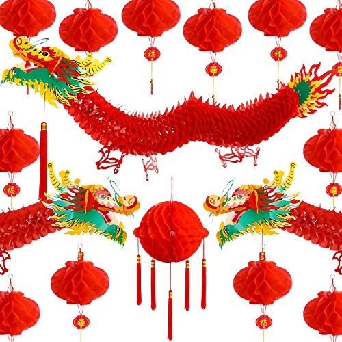 2 Stücke Chinesisch Neujahr 3D Papier Drachen mit Drachen Dekorative Kugel und 30 Stücke Chinesische Rote Hängende Laternen für Chinesisches Frühlingsfest Neujahr Haus Dekoration von Mudder