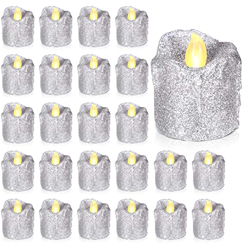 24 Stück Glitzer-LED-Teelichter mit tropfendem Wachs-Design, flammenlose Kerzen, batteriebetrieben, Votiv-Teelichter von warmem gelbem Licht, Dekoration für Hochzeit, Tisch, Jahrestag (Silber) von Mudder