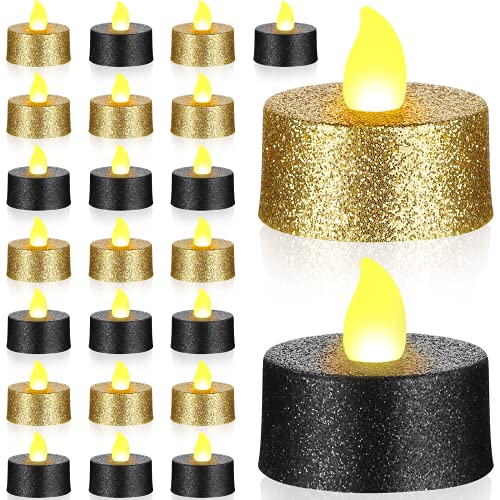 Mudder 24 Stücke Gold Glitzer LED Teelichter Schwarz Flammenlose Kerzen Batteriebetriebene Votiv Teelichter mit Warm Gelb Licht für Weihnachten Hochzeit Mittelstücke Tisch Jubiläum Outdoor von Mudder