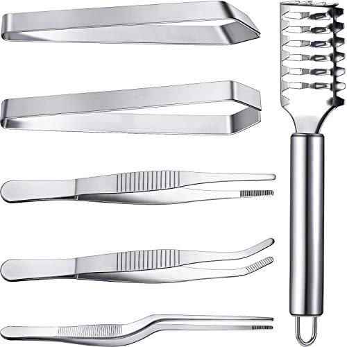 6 Stücke Fisch Grätenpinzette Set Beinhaltet Edelstahl Zangen Pinzette Fisch Skala Scraper Polituren Flach und Slant Pinzetten Zange für Koch Kochgeschirr, Meeresfrüchte, Beauty Werkzeuge von Mudder