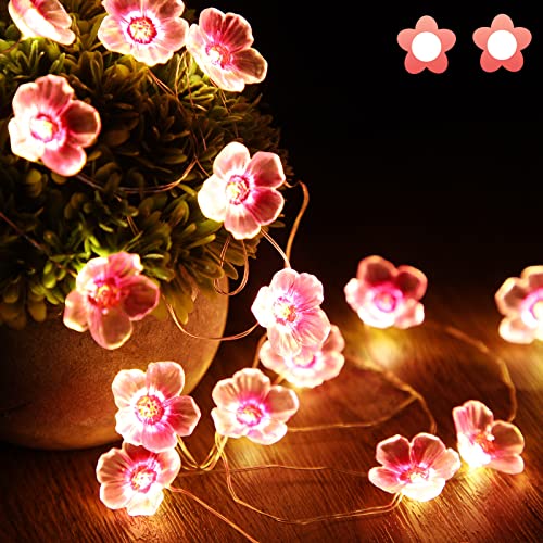 Kirschblüten-Lichterkette für Mädchen-Schlafzimmer, rosa Lichterkette, 40 LEDs, USB und batteriebetrieben, dekorative Lichter für drinnen und draußen, 4 m von Mudder