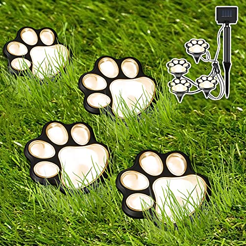 Outdoor LED Pfote Dekor Solarlampe (Set von 4) Solar Hunde Katze Tier Pfotenabdruck Bodenleuchten für Gehweg, Garten, Rasen, Hof Beleuchtung, Jeden Hund Katzen Liebhaber (Warme Farbe) von Mudder
