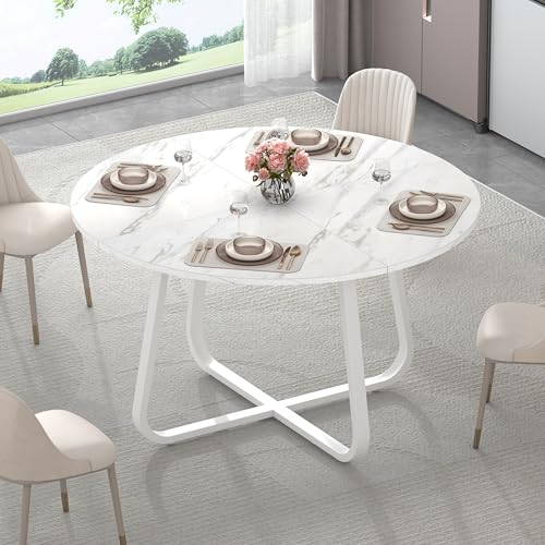 Mudmasa Runder Esstisch in Weißer MarmoroptikModerner Küchentisch für 4–6 Personen Platzsparender Runder Tisch für Esszimmer und Wohnzimmer Holz-Metall-Kombination 130 x 75 cm (Durchmesser x H) von Mudmasa