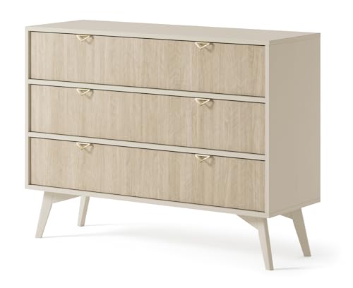 Forest Wohnzimmeranrichte mit 3 Schubladen, 106 cm, Wohnzimmerkommode, Beistelltisch, Kommode mit Beinen, Sideboard mit Füßen, Eukalyptus Beige (Beige) von Muebles Slavic