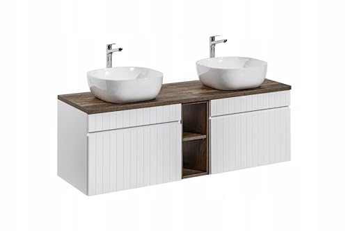 Muebles Slavic Badezimmerschrank zum Aufhängen, 2 Waschbecken, Schubladen, weiß, matt/Eiche, 140 cm, modernes Badezimmermöbel von Muebles Slavic