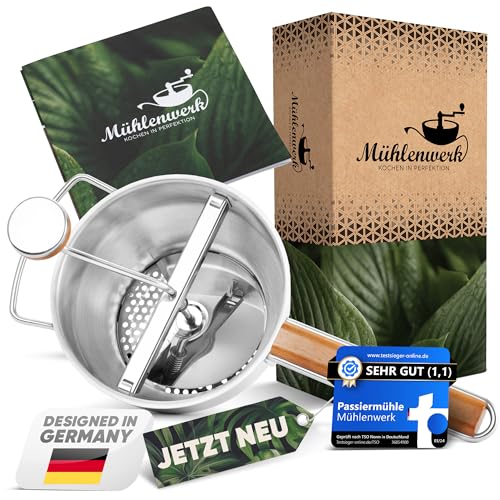 𝐌Ü𝐇𝐋𝐄𝐍𝐖𝐄𝐑𝐊 Passiermühle Edelstahl inkl. 3 Passiersieb-Einlagen [naturreines Eichenholz] 2,3 L Füllvolumen > Passiergerät für Soßen, Marmeladen, Apfelmus | Passetout ansehen von Mühlenwerk