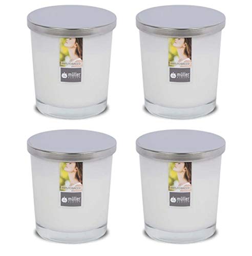 4er Set Müller Duft-Kerzenglas Anti Tabacco, Maxi, mit Deckel, 45h, Weiss, Windlicht von seit 1744 müller KERZEN