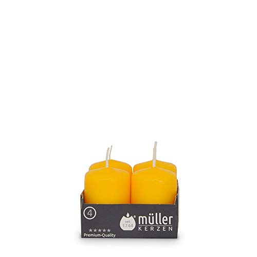 4er Set Müller Stumpenkerzen, selbstlöschend, goldgelb, BSS Durchbrandsperre, 6,2 x 4,8 cm von Müller Kerzen