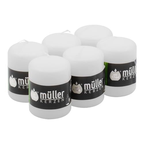 Müller Stumpenkerzen Säulenkerzen - 57 x 81 mm - Lange Brenndauer: 15 Stunden - Ohne Duft, Anti-Tropf-Wachs, Geruchsfrei - RAL Qualität - Weiß - 6 Stück Müller Stumpenkerzen Säulenkerzen - 57 x 81 mm - Lange Brenndauer: 15 Stunden - Ohne Duft, Anti-Tropf-Wachs, Geruchsfrei - RAL Qualität - Weiß - 6 Stück von seit 1744 müller KERZEN