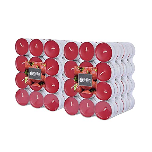 Müller Teelichte Duftkerzen – 39 × 15 mm – Brenndauer 4 Stunden – Wachskerzen – Anti-Tropf, Aluminiumbehälter (Erdbeere, 192 Stück), Rot von Müller Kerzen