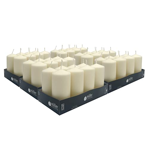 Müller Stumpenkerzen Creme, Elfenbein - Set mit 48 Blockkerzen - 57 x 120 mm - 32 Stunden Brenndauer - Ohne Duft - Kerzen für Haushalt, Feiern und Gastronomie von seit 1744 müller KERZEN