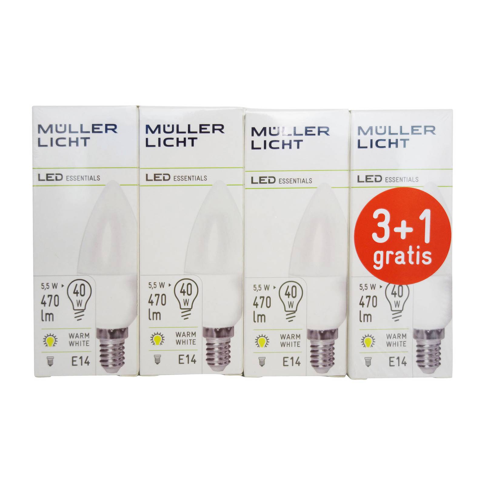 LED-Kerzenlampe E14 5,5W 2.700K Set 3+1 470lm matt von Müller-Licht