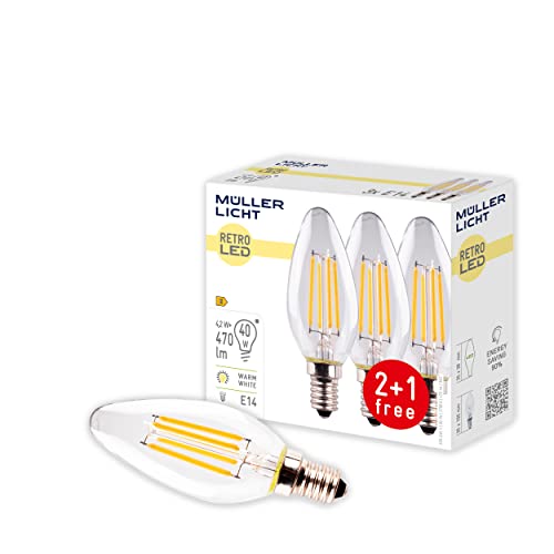 Müller-Licht 3er-Set Retro-LED Kerzenform Ersetzt 40 W, Glas, E14, 4 W, Klar, 3.5 x 3.5 x 10 cm, 3 Einheiten, 400291_Set von Müller-Licht