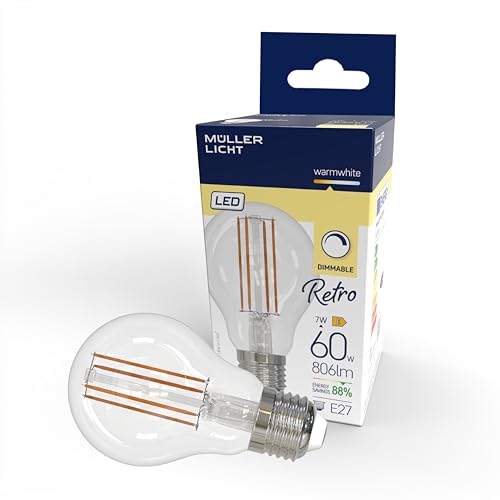 Müller-Licht Retro DIM LED A60 Birnenform Filament E27 klar, 7W ersetzt 60W, nostalgisches warmweißes Licht (2700K) für ein gemütliches Ambiente, 806lm, dimmbar, 15000h Lebensdauer von Müller-Licht