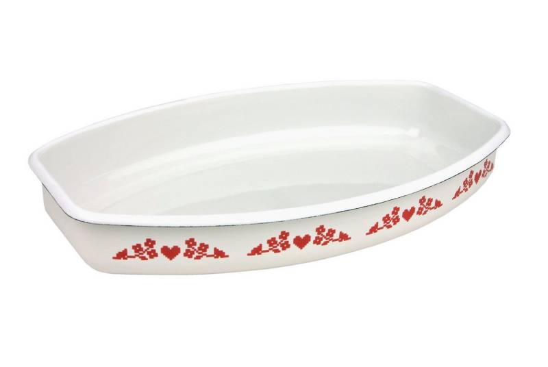 Münder-Email Auflaufform Emaille Brotkorb / Auflaufform weiß rote Dekorleiste Auflauf von Münder-Email