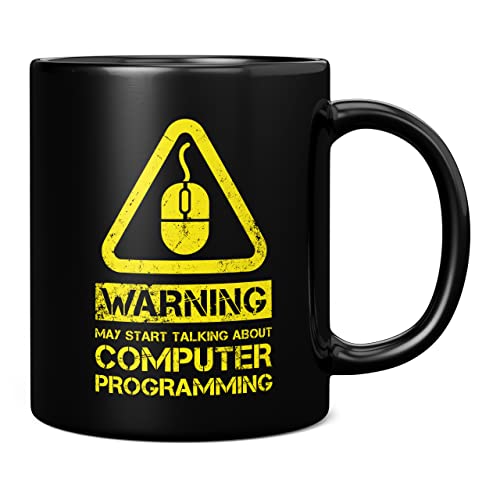 Mug Monster - Warning May Start Talking About Computer Programming Funny Gift Mug - Ceramic Coffee Mug / Cup, Gift for men or Women, Extra Large and Giant Mug Available, 12oz Black Mug von Mug Monster