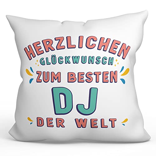 Mugffins Kissen mit Füllung mit Spruch für DJ - Auf Deutsch - Glückwunsch du bist der Beste - 40 x 40 cm - originelles und lustiges Geschenk Mitarbeiter von Mugffins