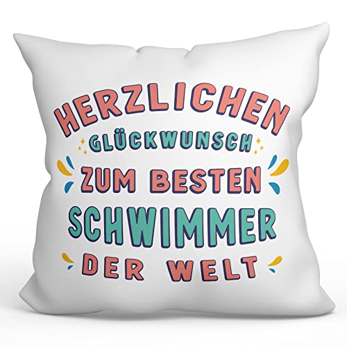 Mugffins Kissen mit Füllung mit Spruch für Schwimmer - Auf Deutsch - Glückwunsch du bist der Beste - 40 x 40 cm - originelles und lustiges Geschenk Mitarbeiter von Mugffins