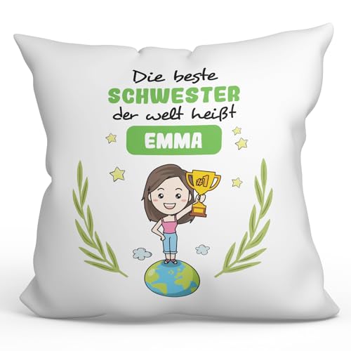 Mugffins Personalisierte Kissen mit Füllung mit Spruch für Schwester - Auf Deutsch - der Beste der Welt - 40 x 40 cm - Individuell Anpassbar Geschenk von Mugffins