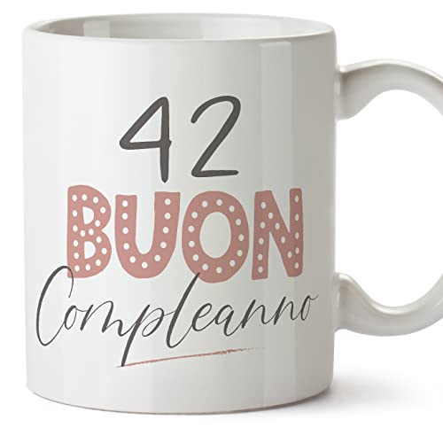 Mugffins Tassen/Becher mit Spruch 42 Geburtstag - Auf Italienisch - Buon compleanno! Rosa - 11 oz / 330 ml - origenelles und lustiges Geschenk von Mugffins