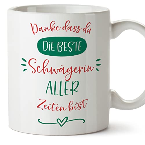 Mugffins Tassen/Becher mit Spruch für SCHWÄGERIN - Auf Deutsch - Danke beste Familie - 11 oz / 330 ml - originelles und lustiges Geschenk von Mugffins