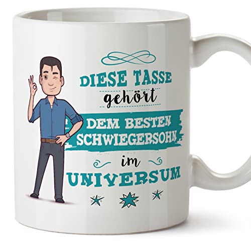 Mugffins Tassen/Becher mit Spruch für SCHWIEGERSOHN - Auf Deutsch - Beste Familie im Universum - 11 oz / 330 ml - originelles und lustiges Geschenk von Mugffins