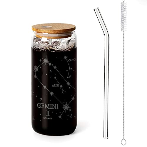 Gemini 590 ml Eiskaffeetassen | Glasbecher mit Deckel und Strohhalmen | Astronomie-Konstellation Glasbecher | Lustige Mai Juni Sternzeichen Geschenke für von Mugkiss