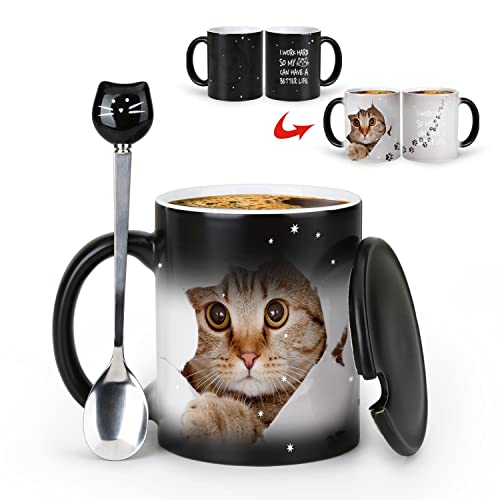 MUGKISS Niedliche Katzen-Tasse mit Farbwechsel, 325 ml – I Work Hard So My Cat Can Have a Better Life – Keramiktasse mit Wärmewechsel, schönes Katzengeschenk, Freunde, Katzenliebhaber. von MUGKISS