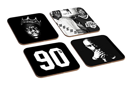 Holzuntersetzer-Set mit Hip-Hop-Legenden, Tupac, Biggie Smalls, 90er, 4 Stück von Mugmart